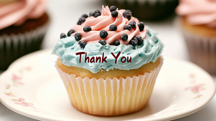 A beautifully decorated cupcake with blue and pink frosting, topped with black sprinkles, featuring the words "Thank You" elegantly displayed.