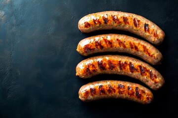 Four perfectly grilled sausages are placed side by side on a dark surface, showcasing their golden-brown and charred texture. Ideal for a summer gathering