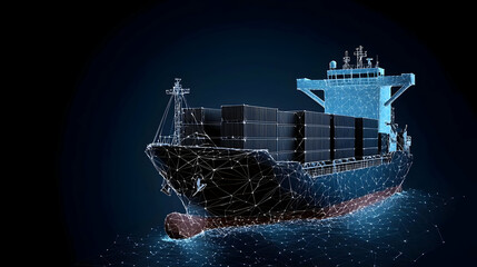 Digital Representation Of A Cargo Ship Navigating The Ocean With Glowing Details on Dark Blue