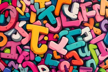 Fototapeta premium Colorful image of letters and numbers with a concept of chaos and disorder. The image is a collage of various letters and numbers, with some overlapping and others scattered throughout