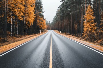 Fototapeta premium Autumn forest road. Empty asphalt road winding through a colorful autumn forest. Wet pavement reflecting the light. Tranquil and serene scene