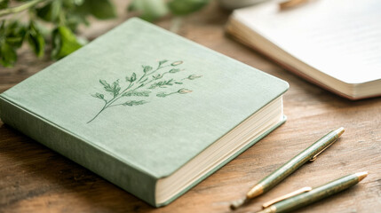 A serene green notebook with a delicate leaf design rests on a wooden table, accompanied by two pens and a blurred notepad in the background.