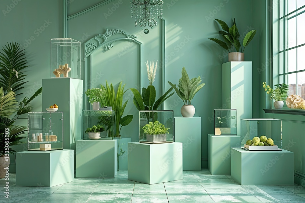 Poster elegant mint display with cube platform for chic presentation and selection