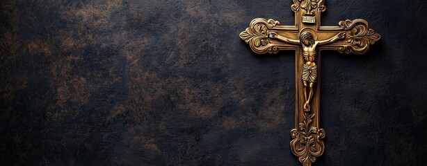 Detailed gold crucifix, A golden cross against a dark textured background, symbolizing faith and spirituality.