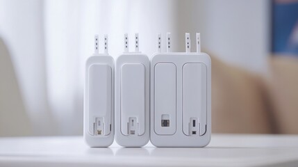 A set of global travel adapter plugs with interchangeable heads, white background