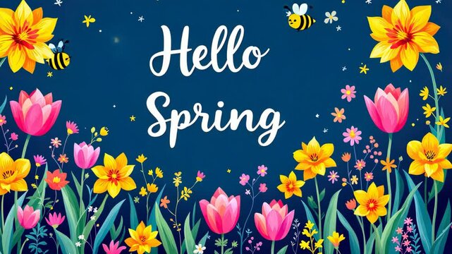 Hello spring: vibrant floral design with bees and tulips on blue background