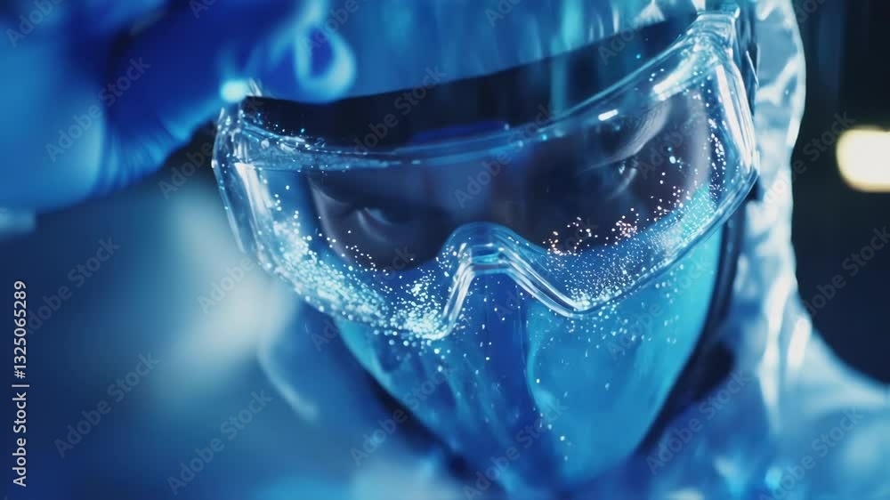 Poster close up of a scientist wearing protective goggles and a mask, working in a high tech manufacturing 