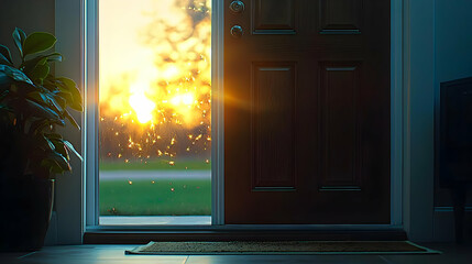 A Warm And Inviting Interior View Showcasing A Partially Open Wooden Doorway Illuminated By Bright Golden Sunlight And An Adjacent Houseplant With