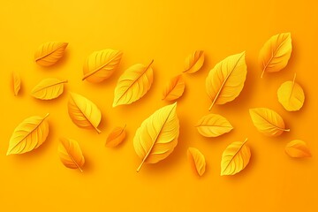 Fototapeta premium Autumnal Cascade: Golden Leaves on Vibrant Orange Backdrop, Fall Season