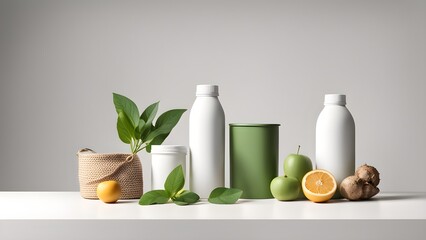 A tranquil scene featuring white bottles, a green container, fresh fruit, greenery, arranged a white surface against a neutral backdrop. Perfect showcasing natural, healthy products.