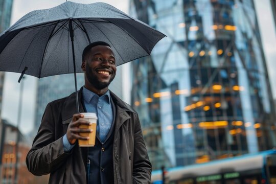 Horizontal image of dark-skinned African entrepreneur walking under dark umbrella along busy street holding cup of coffee in hand, smiling happily as he is watching street and dreaming about future