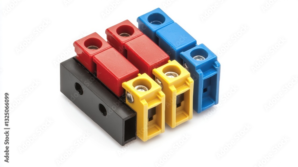 Poster a small electrical terminal block with clear labeling for wire identification, white background