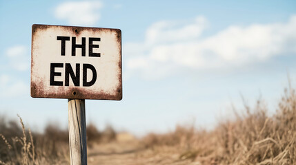 Retro style sign reading The End marking the conclusion of a journey amidst dry vegetation, symbolizing finality and reflection