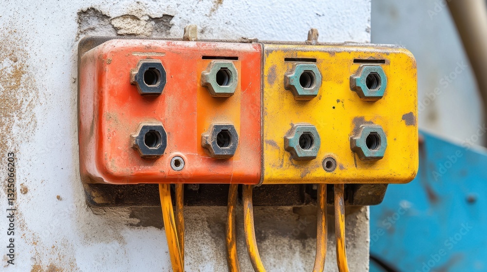 Poster a small electrical wiring junction box with multiple terminal connections, white background