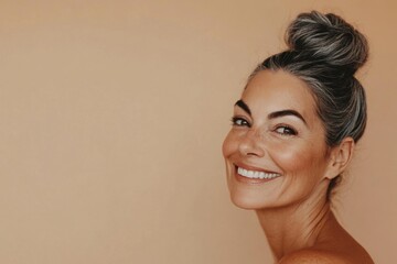 Happy and confident mature woman smiling and displaying natural beauty. Generated AI