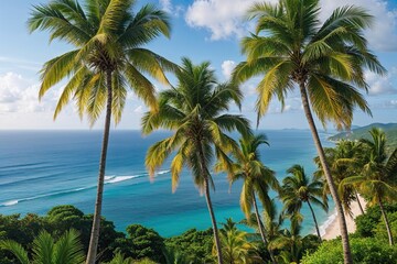 Obraz premium Serenity of Lush Vibrant Palm Trees on a Tropical Coastline and Ocean Vista