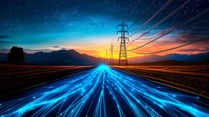 Electric Power Transmission Lines Against Sunset Sky in Rural Landscape with Digital Data Streams