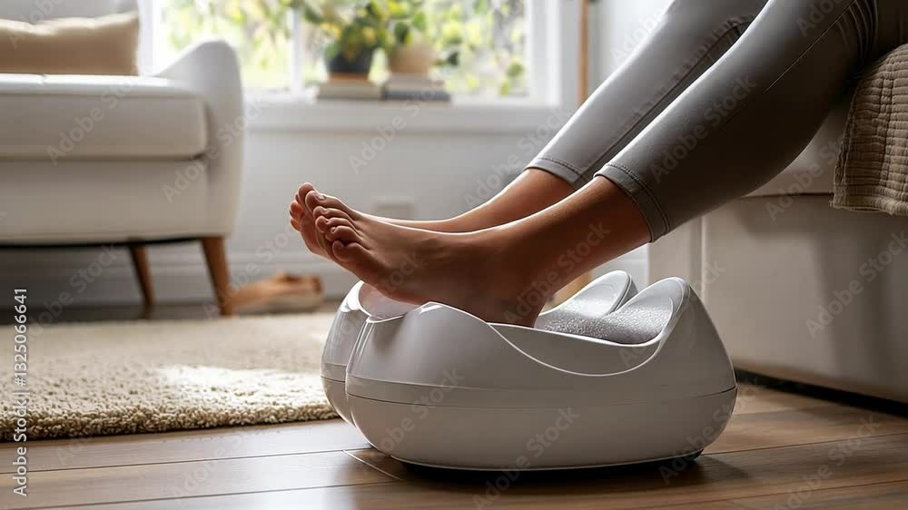 Poster this person enjoys a foot spa treatment at home while relaxing in a comfortable setting.