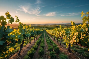 Stunning Vineyard Panorama at Noon with Lush Grape Vines and Endless Blue Sky
