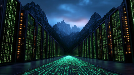 Futuristic Data Flow Pathway Between Mountain Peaks Digital Network Server Landscape