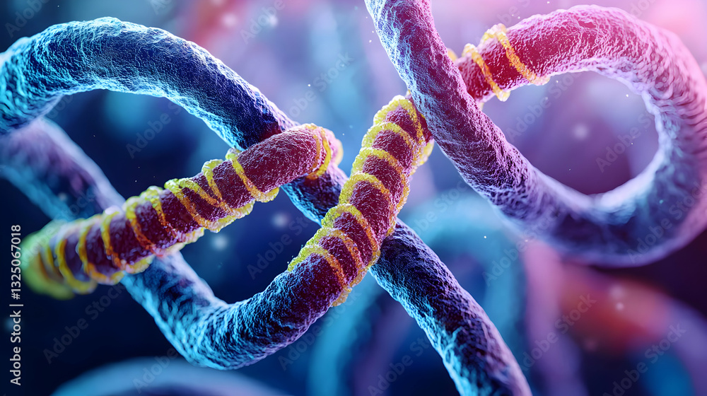 Aufkleber microscopic view of a virus with pink and blue hues in a dark environment with a 3d render effect