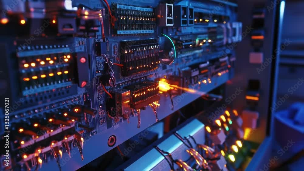 Poster close up of electronic circuit board with led lights blinking, showcasing data flow and innovative p