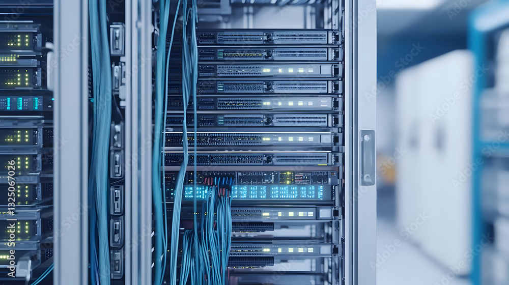 Poster close up of server rack with blinking blue led lights and cables in modern data center