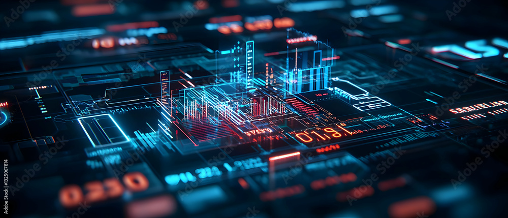 Poster futuristic circuit board with blue and red glowing lights in dark complex technological background f