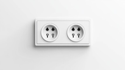 A standard white electrical wall outlet with two sockets, isolated on a white background