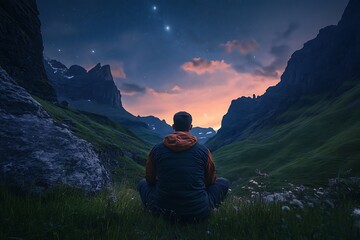 Fototapeta premium fellow peering at a stellar dusk in a quiet alpine vista with bold lime grass between jagged hill boulders 