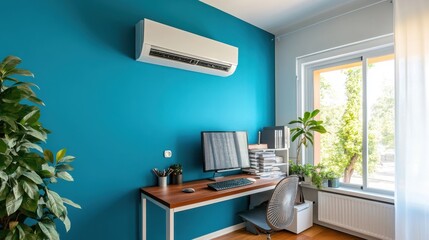 Fototapeta premium A stylish wall-mounted air conditioner in a minimalist workspace