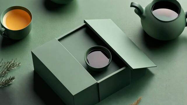 Elegant tea pouring ritual with modern green ceramic set and box