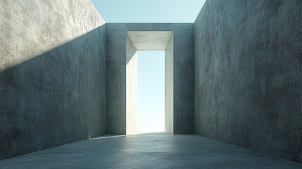 Modern architectural pathway leading to a bright opening against concrete walls under clear blue sky