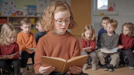 A young girl reads a book aloud to her classmates in a colorful classroom setting, fostering a love for reading and learning.