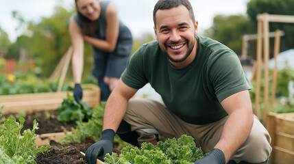 Experienced farmer carefully planting organic vegetables in raised garden, nurturing homegrown produce with passionate care