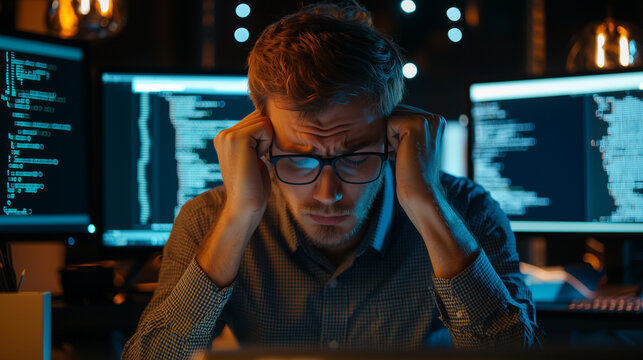 A stressed male programmer working under dim office lighting