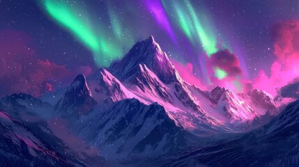 A vibrant mountain illuminated by purple and green aurora in the night sky