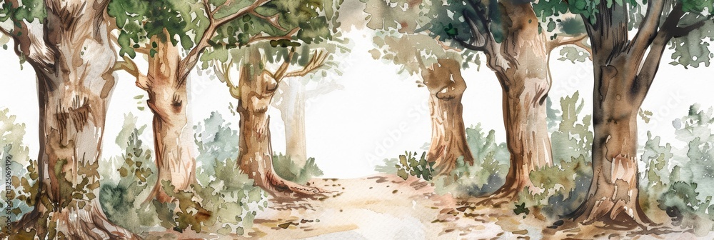 Poster whimsical forest path lined with ancient trees on white background with clean lines and natural scen