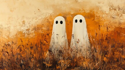 Whimsical Ghosts Standing in a Fall Field with Oranges and Browns Neutral Colors Vintage Oil Painting on Canvas