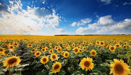 Fototapeta premium vibrant sunflower field under blue sky with fluffy clouds