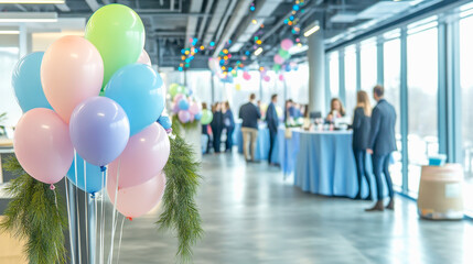 Obraz premium A vibrant event scene featuring colorful balloons and attendees mingling around tables in a modern, well-lit space.