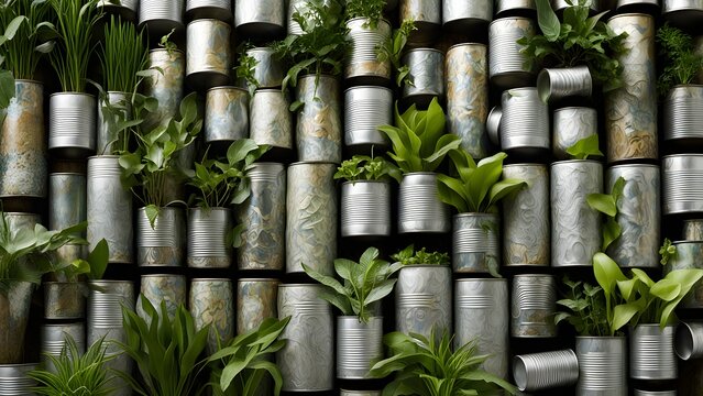 A vibrant wall display showcases various green plants thriving creatively repurposed tin cans, showcasing a blend textures colors.