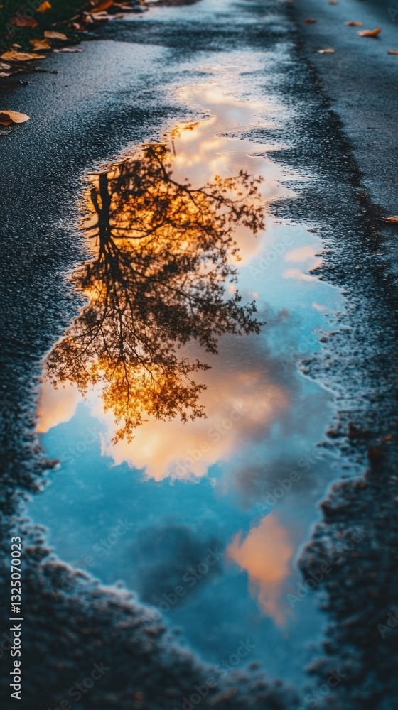 Poster reflection of autumn trees in a puddle on a road