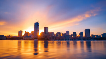 Fototapeta premium Minimalist panoramic cityscape of Boston at sunrise, with skyscrapers reflecting in calm water and bathed in warm golden light
