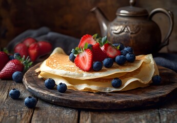 Stack of pancakes with blueberries and strawberries on top. The pancakes are served on a wooden board and a teapot is placed nearby. Concept of warmth and comfort
