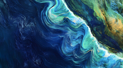 Obraz premium Aerial view of dynamic ocean waves with white foam, captured from above, showcasing swirling patterns in deep blues and greens. Hyperspectral Waves. Illustration