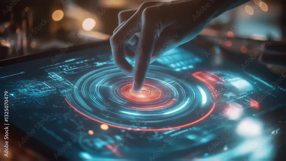 Aufkleber close up of engineer finger activating holographic head up display interface on a digital tablet, la