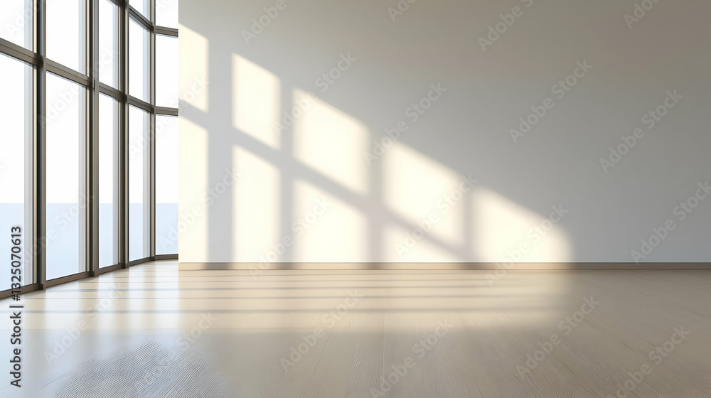 Poster bright modern empty room with polished concrete floor sunlight and window reflections minimalist int