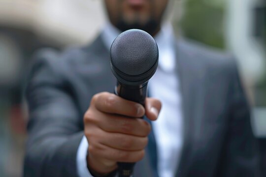 Press reporter, media coverage: microphone interview, news correspondent, field journalism, live update, broadcasting scene, investigative work, event report, journalist duty, breaking news, 