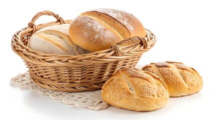 Fresh Bread in a Wicker Basket on a White Background – Rustic Bakery Style